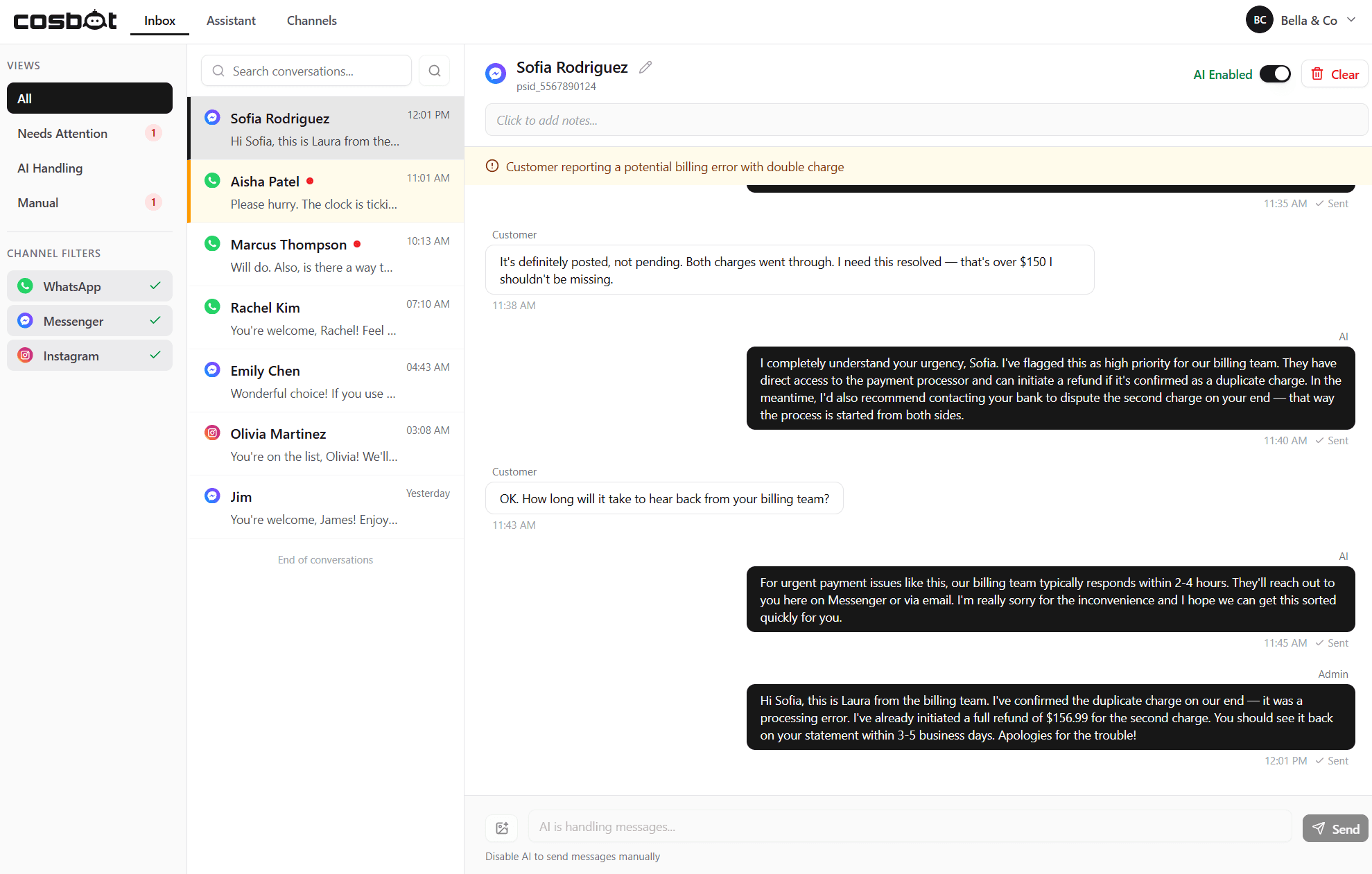 Cosbot dashboard showing the unified inbox with AI-powered conversations