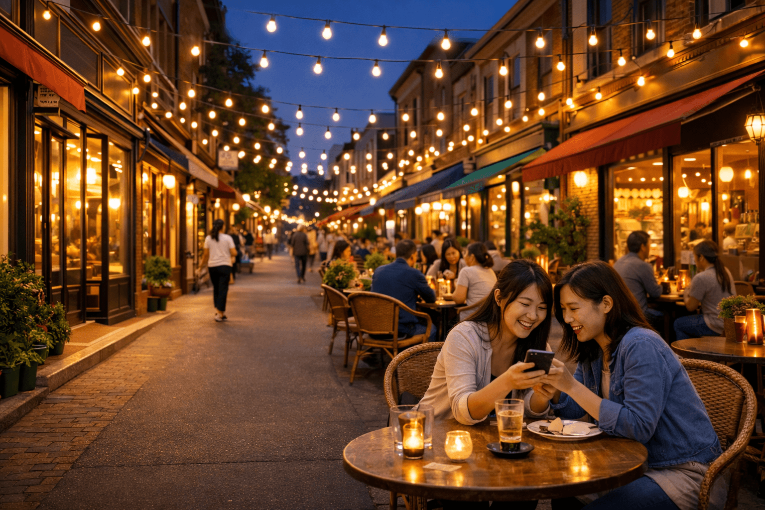 People enjoying conversations at outdoor cafes